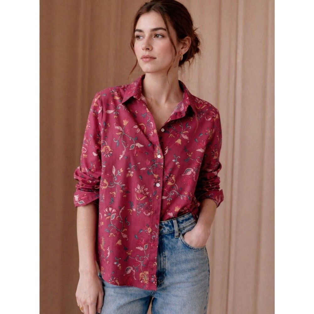 Sezane Pierro Shirt Women's Size 10 Mona Pink Floral Button Front Romantic Paris